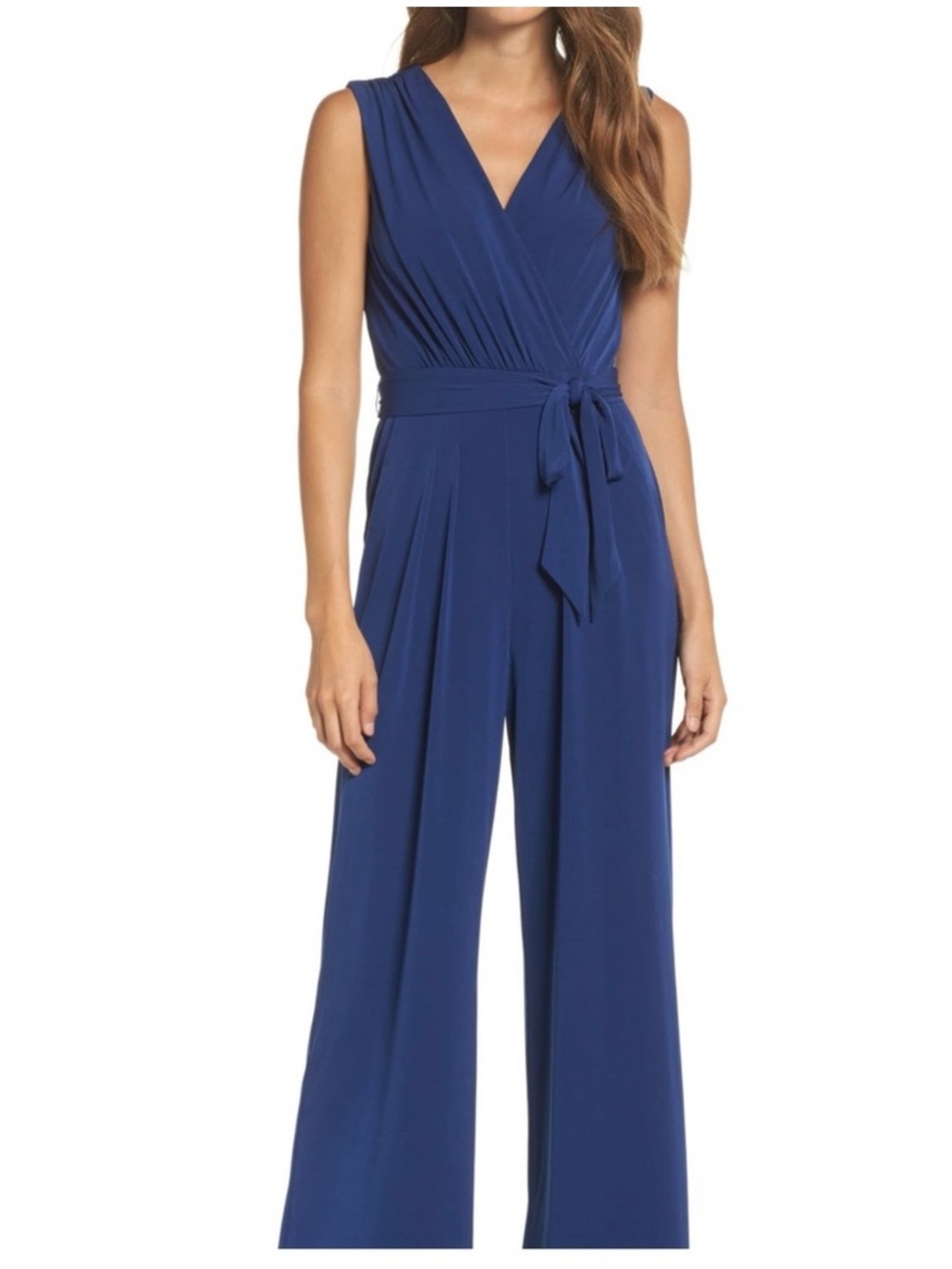 Vince Camuto Sleeveless Wrap V-Neck Wide-Leg Jumpsuit in Royal Blue